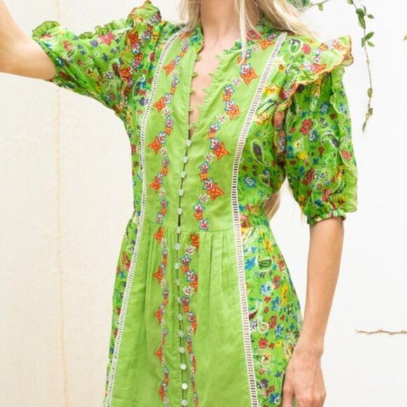 Gipsy Queen Green Boho Floral Print Button Down Short Puff Sleeve Mini Dress - Picture 2 of 6